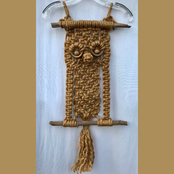 Authentic Original Vintage Style Other - 1970-s-Jute-Macrame-31-x-9-Owl-Wood-Bead-Eyes